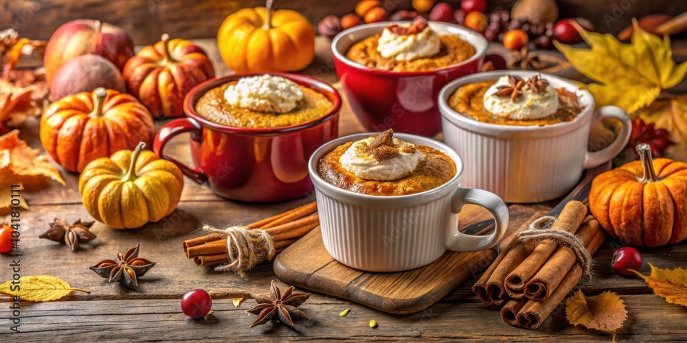 Fototapeta premium Gourmet Pumpkin Spice Dessert Cups Decorated with Whipped Cream and Cinnamon Sticks on Rustic Wooden Background