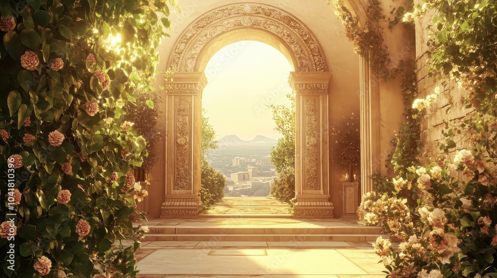 Fototapeta premium Archway adorned with carvings and vines leading to a gymnasium bathed in soft sunlight