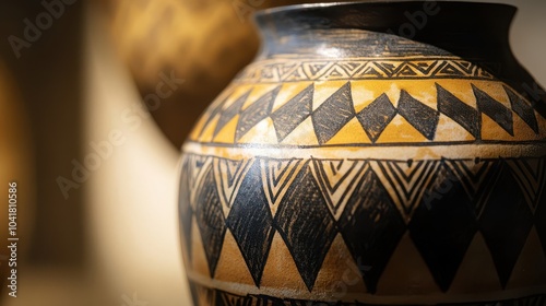 Geometrically patterned vase with black-figure style illuminated softly photo