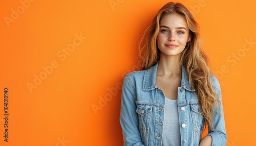 Young woman wearing denim jacket poses against vibrant orange wall