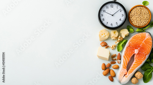 
Intermittent fasting diet concept with 8-hour clock timer for eating nutritional or keto low carb, high protein food meal healthy dish and 16-hour skipping meal for weight loss