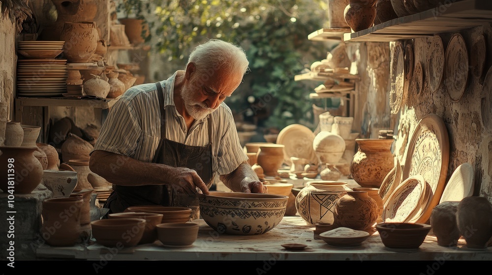 Potter shaping clay surrounded by geometric pottery soft natural light streaming in