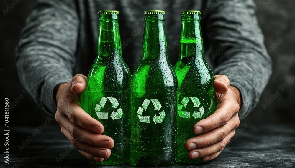 Hands holding three green bottles with recycling symbols on a dark background Hands holding three green bottles with recycling symbols on a dark background