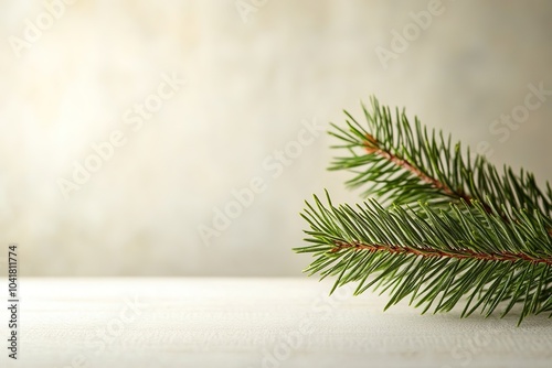 Wallpaper Mural Pine branch on soft beige backdrop, subtle shadows Torontodigital.ca