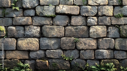 Rustic stone wall warm beige stones and subtle hints of mossy green arranged in a seamless repeating texture perfect for a cozy cottageinspired ambiance