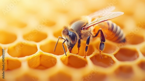 Honeybee on honeycomb with golden hexagonal cells photo