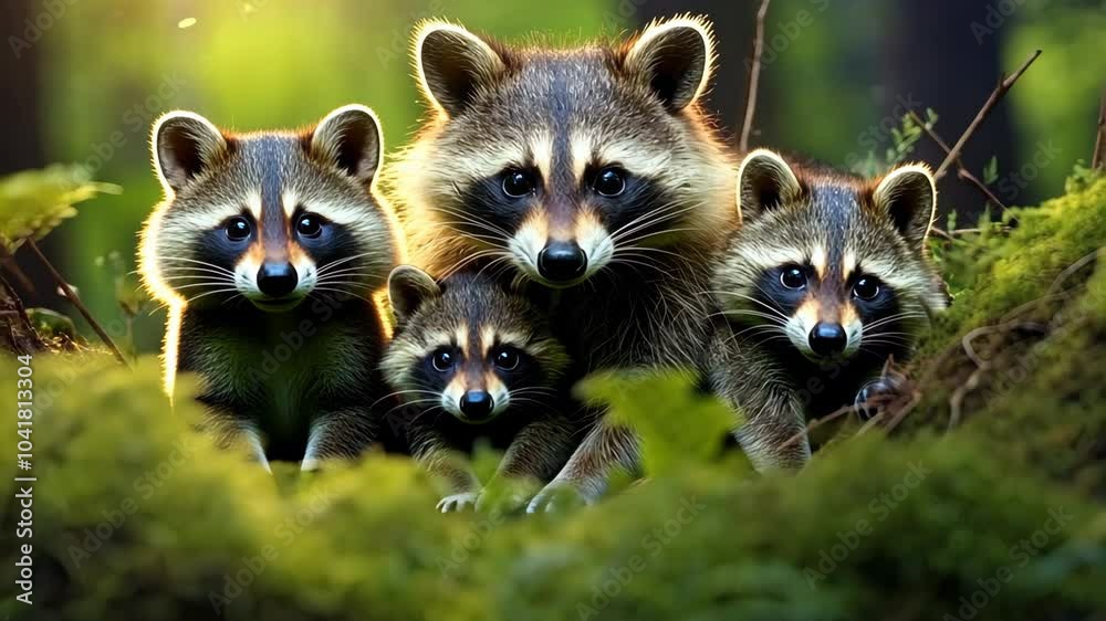 Raccoon family posing in the forest Raccoon family posing in the forest