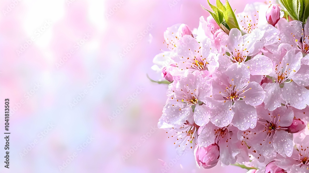Fototapeta premium A close-up of beautiful pink cherry blossom flowers covered in dewdrops, set against a soft, pastel-colored background. Capturing the essence of spring and nature's delicate beauty.