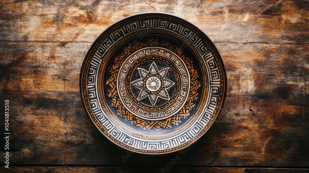 Top view of a Greek plate with central geometric motifs on rustic wooden surface Top view of a Greek plate with central geometric motifs on rustic wooden surface