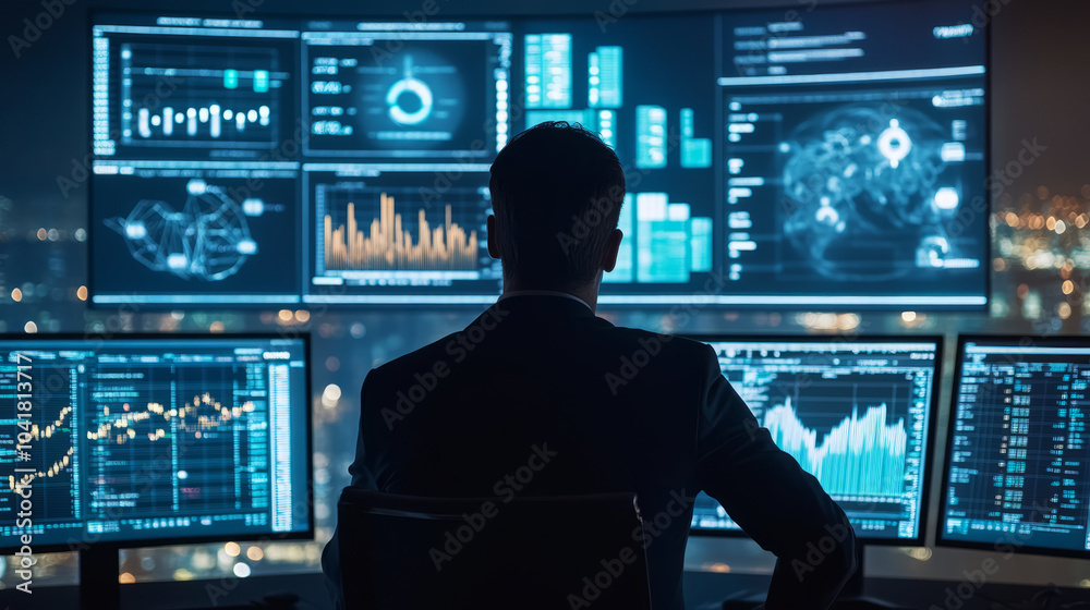 A high-performance executive managing a fast-paced team, tracking key performance indicators on multiple screens in a high-tech office A high-performance executive managing a fast-paced team, tracking key performance indicators on multiple screens in a high-tech office
