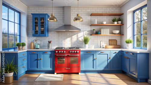 modern kitchen with red and white kitchen