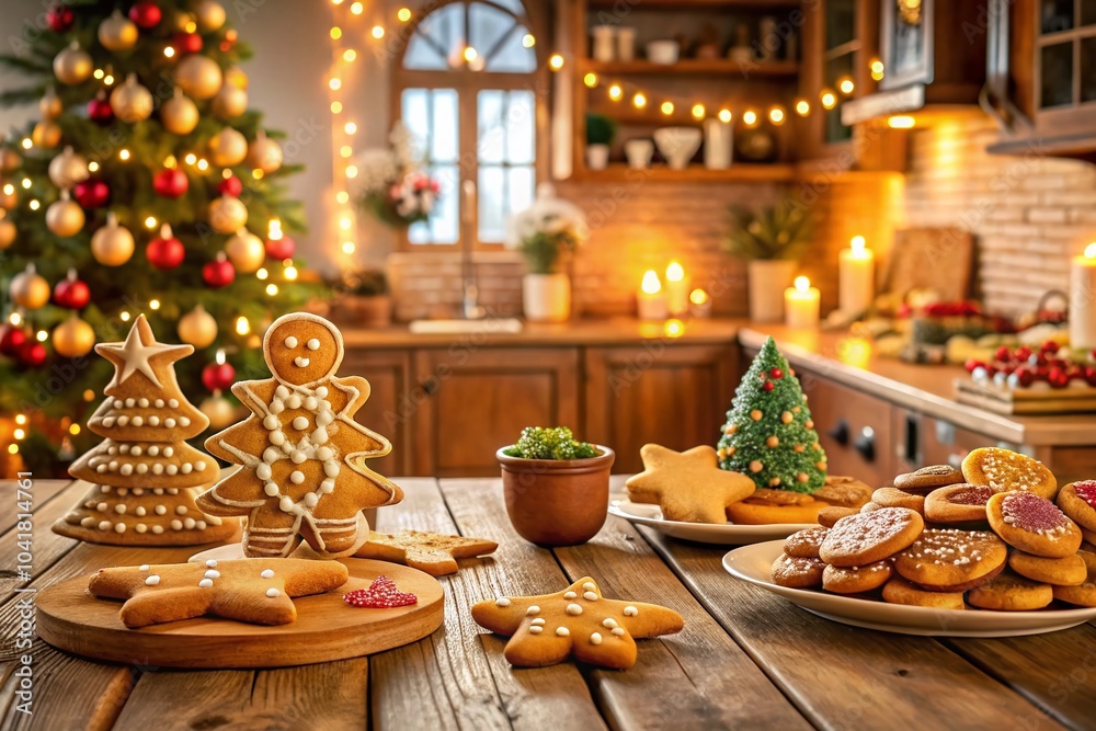 Fototapeta premium Cozy Christmas Kitchen with Gingerbread Cookies and Festive Decor