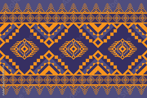 Bold tribal geometric pattern in orange and blue featuring layered diamond shapes and intricate borders, creating a dynamic, symmetrical design-Vector