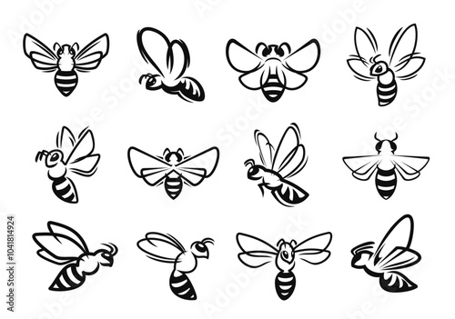 Bee, bumblebee or wasp hornet insect icons, vector symbols of honeybee in line art. Flying bees or bumblebee and insect bugs with wings and stings in cartoon doodle line for honeybee characters