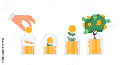 Investment money. Hand putting gold coin in glass jar. Saving money. Profit on deposit in bank and dividend for invest. Vector illustration set isolated.