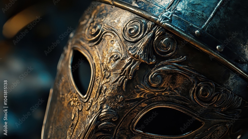 Fototapeta premium Close-up of Greek helmet's front intricate decorations and rich texture highlighted by light