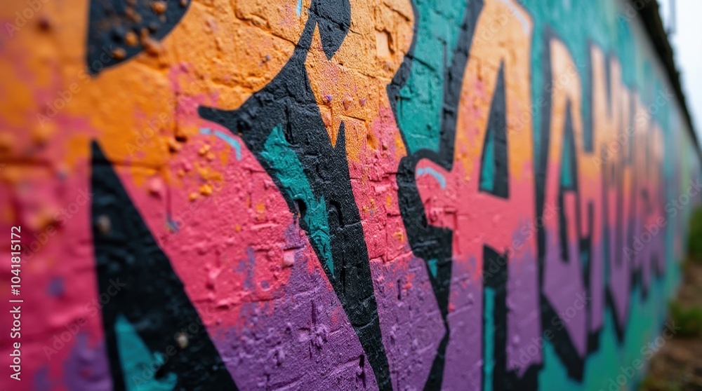 Obraz premium A close-up of a graffiti wall bursting with vivid colors such as bright orange, deep purple, and radiant blues.