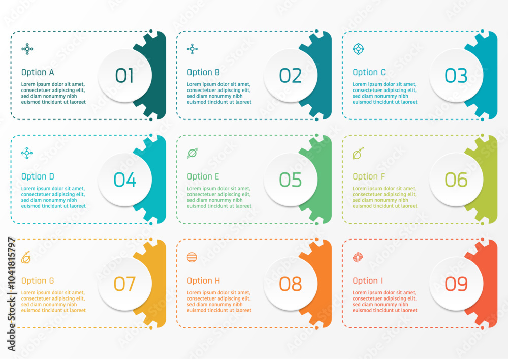 9 options business infographic template, theme of rectangle frame with half gear shape with number and symbols