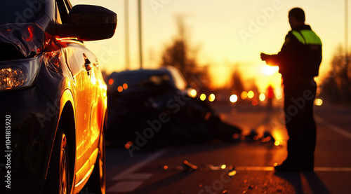 A police officer investigates a car accident during a stunning sunset, highlighting the contrast between beauty and tragedy on the road. Safety and caution become paramount. photo