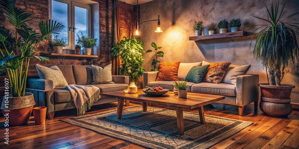Fototapeta premium Cozy Living Room with Wooden Table and Potted Plant - Natural Light and High Dynamic Range Elements