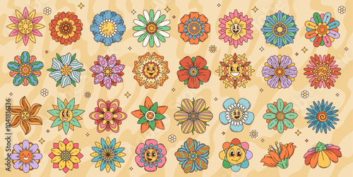 Cartoon retro groovy flowers with cute smiles and psychedelic patterns. Vector flowers characters and hippie floral emojis of summer daisy, zinnia and chamomile blossoms with funky geometric ornaments