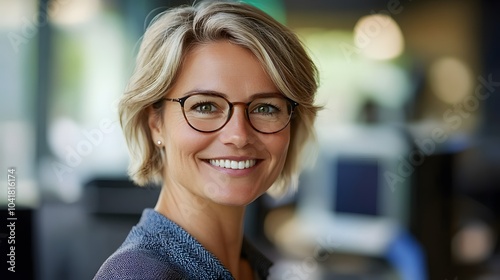 Portrait of businesswoman smiling, wearing glasses, in a modern workspace