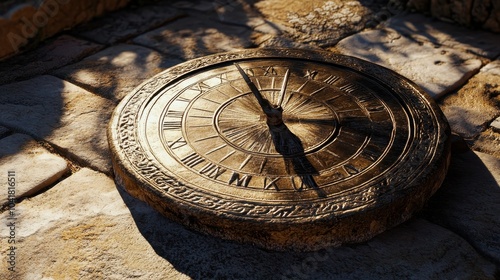 Close-up of Greek sundial on sunlit stone casting sharp shadows that emphasize detailed carvings