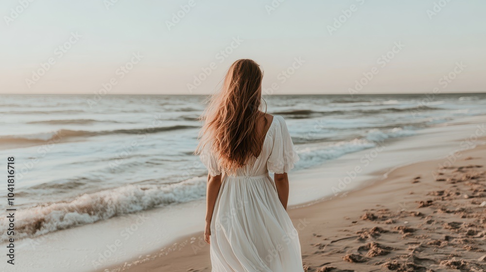 Woman walking barefoot on a windy beach in a flowing white dress, evoking freedom and solitude. Woman walking barefoot on a windy beach in a flowing white dress, evoking freedom and solitude.