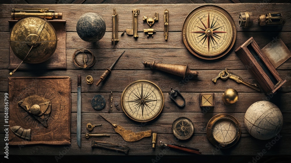Collection of Greek astronomical instruments on wooden table soft lighting enhancing unique designs Collection of Greek astronomical instruments on wooden table soft lighting enhancing unique designs