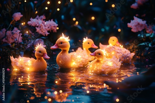 Soft glowing ducks float on a serene pond. Delicate flowers surround them under a starry sky. This magical scene captures joy and tranquility. Generative AI photo