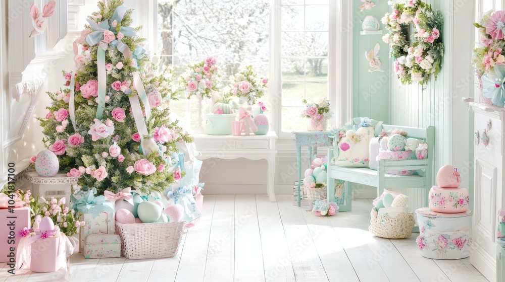 Floral Easter tree adorned with soft pink and white blossoms, eggs, and lights in a cozy home interior. Concept of festive home decor, springtime celebration, and indoor elegance. Floral Easter tree adorned with soft pink and white blossoms, eggs, and lights in a cozy home interior. Concept of festive home decor, springtime celebration, and indoor elegance.