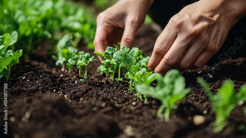 Hands Planting Seedlings in Garden Bed