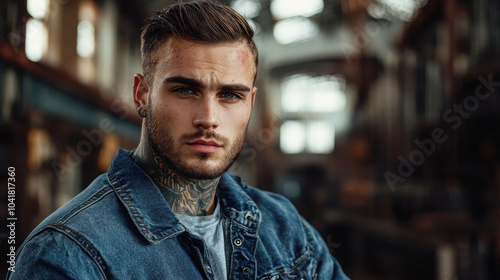 Portrait of a young man with tattoos, wearing a denim jacket, standing in an industrial area, looking intensely into the camera