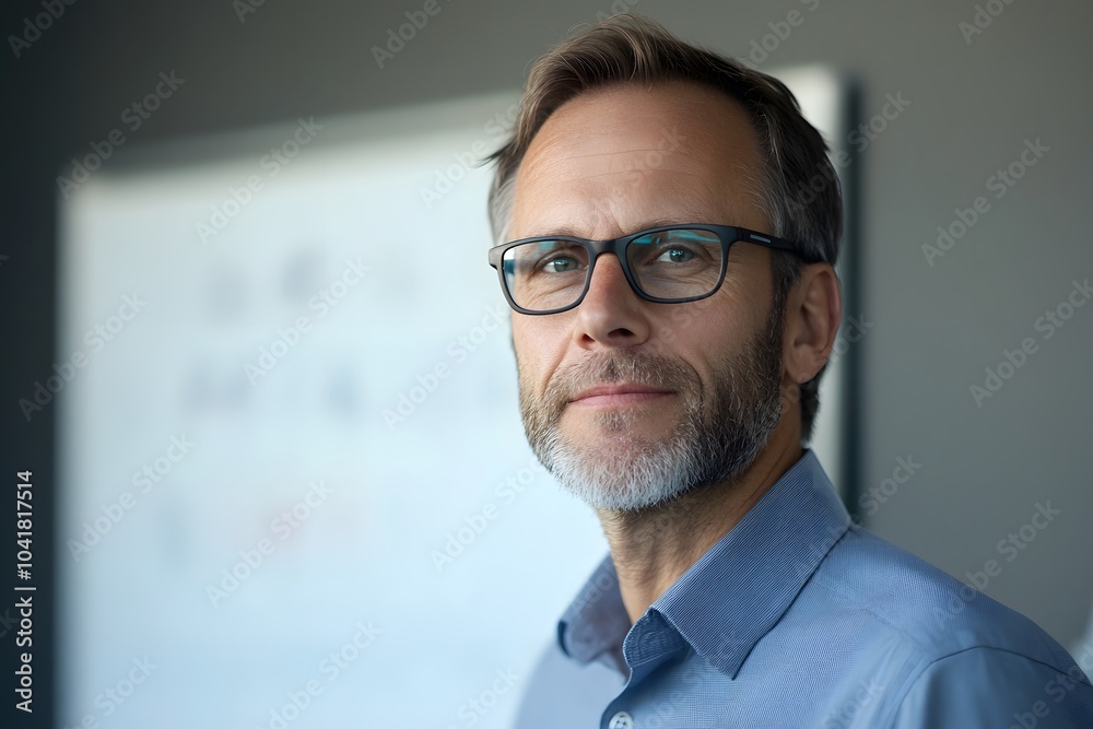 Serious yet content middle-aged businessman with glasses in office setting
