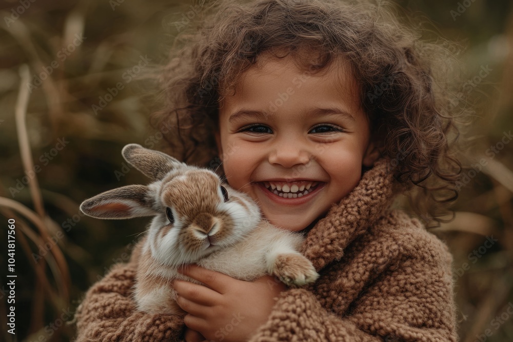 A joyful child smiles while holding a fluffy rabbit. The warm and cozy scene captures the innocence of childhood. This image showcases nature and pets in harmony. Generative AI A joyful child smiles while holding a fluffy rabbit. The warm and cozy scene captures the innocence of childhood. This image showcases nature and pets in harmony. Generative AI