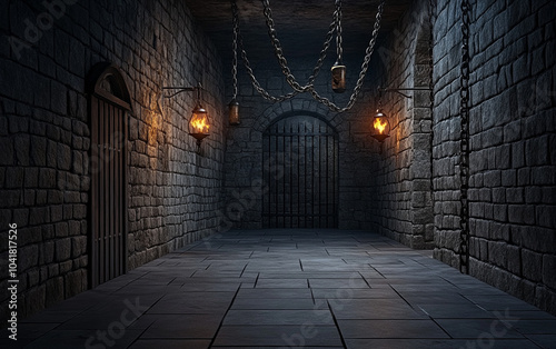 Dark dungeon interior with stone walls, chains, and flickering lanterns. photo