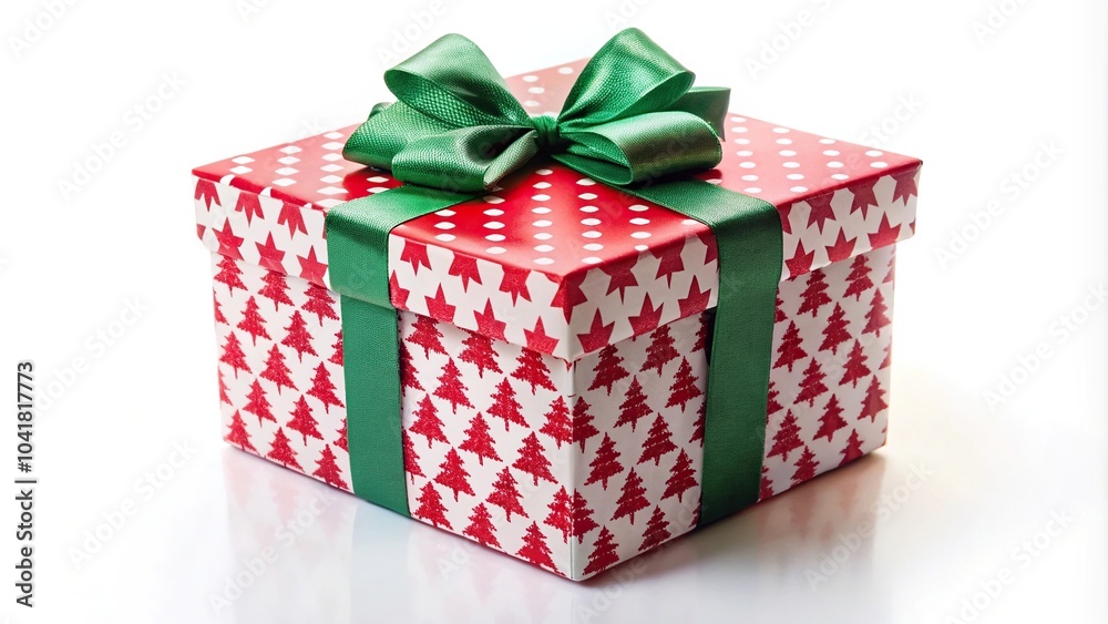 Fototapeta premium Gift box with festive bow and Christmas tree pattern