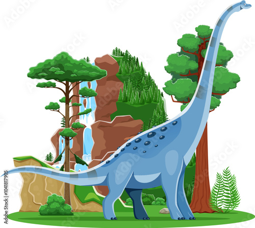 Dinosaur, cartoon prehistoric dino Titanosauria or Jurassic animal, vector character. Kids funny cute extinct lizard or prehistoric dinosaur and dragon reptile in nature forest of Jurassic era