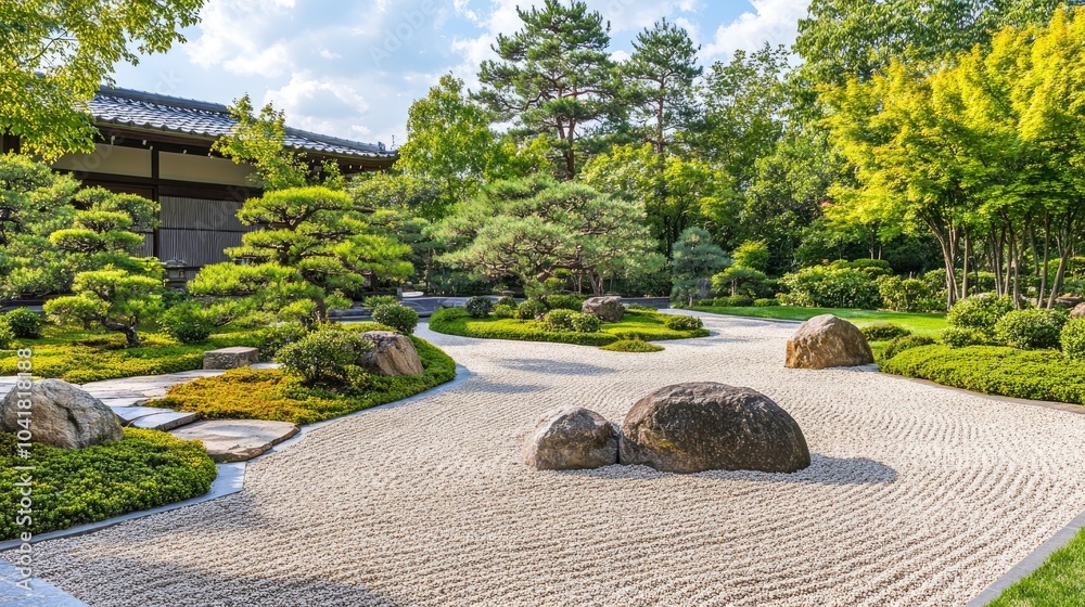 Obraz premium Tranquil Japanese Zen garden with raked gravel and arranged stones, capturing the peaceful essence of mindfulness