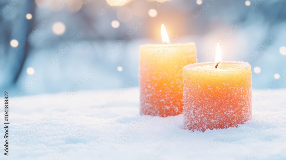 Iced candle in snowy setting with bokeh lights. Concept: warmth amidst the cold. Iced candle in snowy setting with bokeh lights. Concept: warmth amidst the cold.