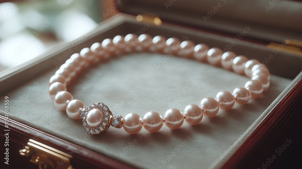A necklace with a pearl pendant is displayed in a box A necklace with a pearl pendant is displayed in a box