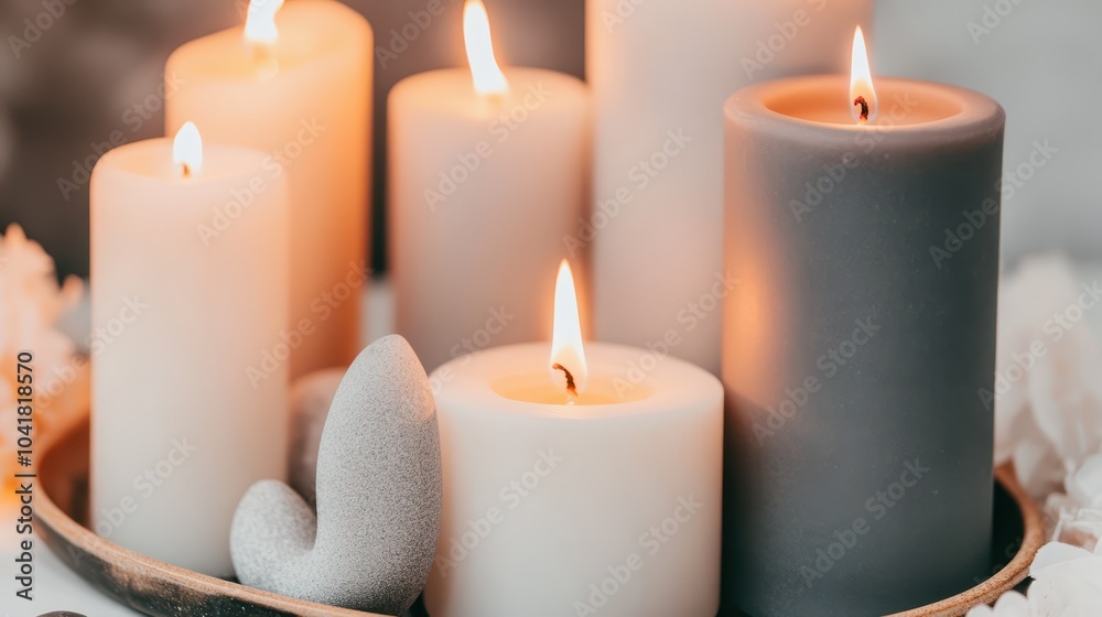 Assorted candles in cozy bedroom setting. Concept: relaxation and comfort. Assorted candles in cozy bedroom setting. Concept: relaxation and comfort.