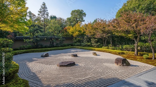 Wallpaper Mural A serene Japanese Zen garden with neatly raked gravel patterns and smooth stones, symbolizing tranquility and mindfulness Torontodigital.ca