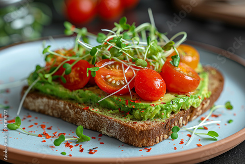 A plate of avocado toast with cherry tomatoes and sprouts