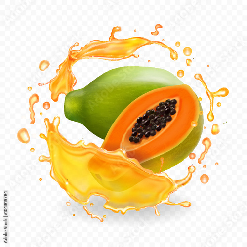 Natural fresh papaya juice splash or smoothie and papaya fruit. d. Realistic 3d vector illustration