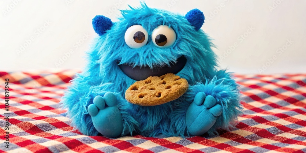 Obraz premium A fluffy blue monster with big eyes sits on a checkered blanket, happily munching on a cookie.