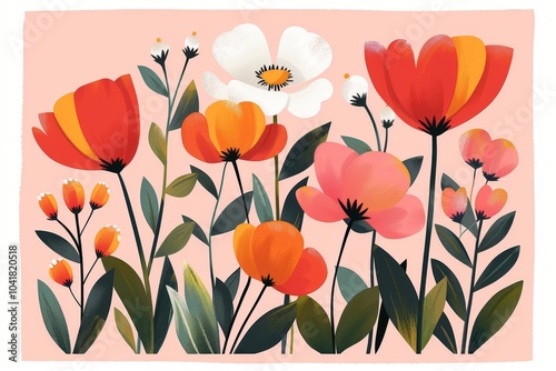 Vibrant flat illustration of flowers and leaves