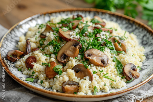 A plate of cauliflower rice with sautéed mushrooms photo