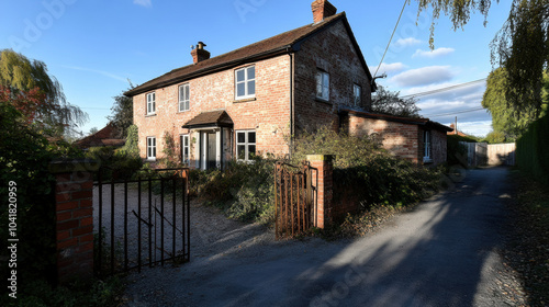 Crumbling brick house with overgrown garden and rusty gate, evoking nostalgia