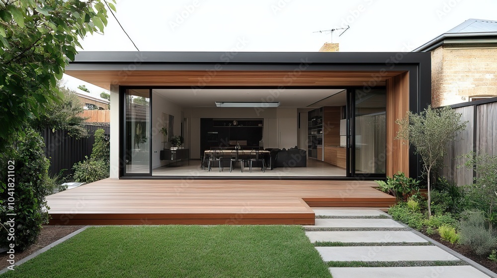 The renovation of a modern home extension in Melbourne includes the addition of a deck, patio, and courtyard area. The renovation of a modern home extension in Melbourne includes the addition of a deck, patio, and courtyard area.